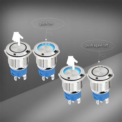 22 mm LED éclairé auto-retour verrouillage métallique bouton d'appuis Commutateur avec connecteur Commutateur d'alimentation à l'éteinte Symbole d'alimentation imperméable IP65