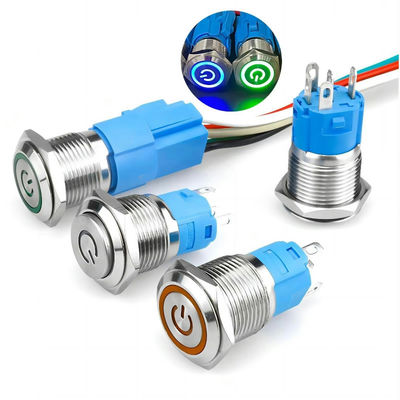 16 mm momentanément verrouillage à courant élevé LED illuminé IP67 imperméable à l'eau bouton de pression métallique 10A auto-verrouillage avec fil